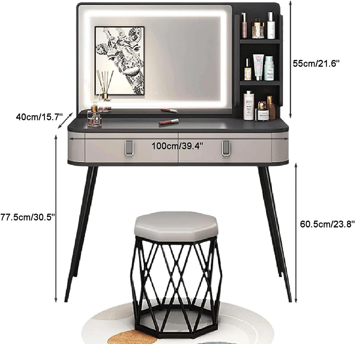 Rieort Vanity Desk MDF Vanity Table Set with Flip Top Lighted Mirror Makeup Table Cushioned Stool Home Nightstand Vanity Benches