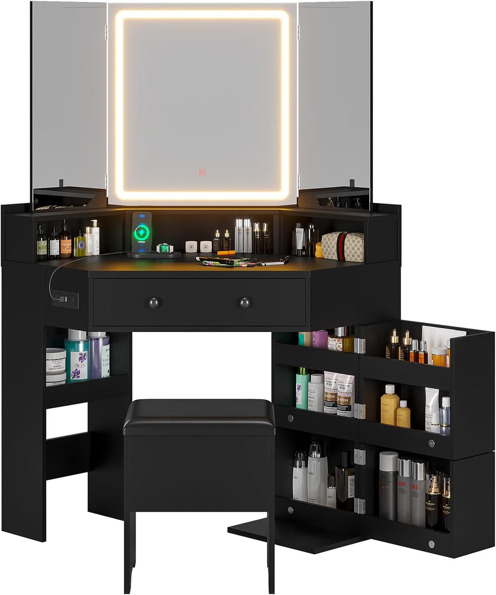 BTHFST Corner Vanity with Tri-Fold Mirror & Cushioned Storage Stool, Makeup Vanity with Charging Station, Vanity Desk with Mirror and Lights, Makeup Table with Drawers, Shelves, Black