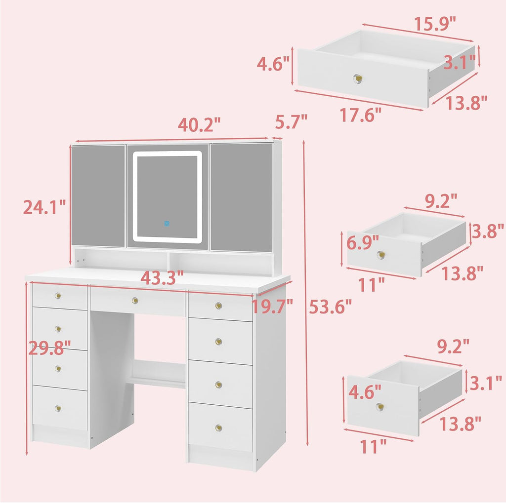 Timechee Vanity Mirror with Lights, Corner Vanity Desk with 9 Storage Drawers, 4 Large Shelves, 3 Color Lighting Options, Vanity Mirror Desk, Makeup Vanity Set for Bedroom, White