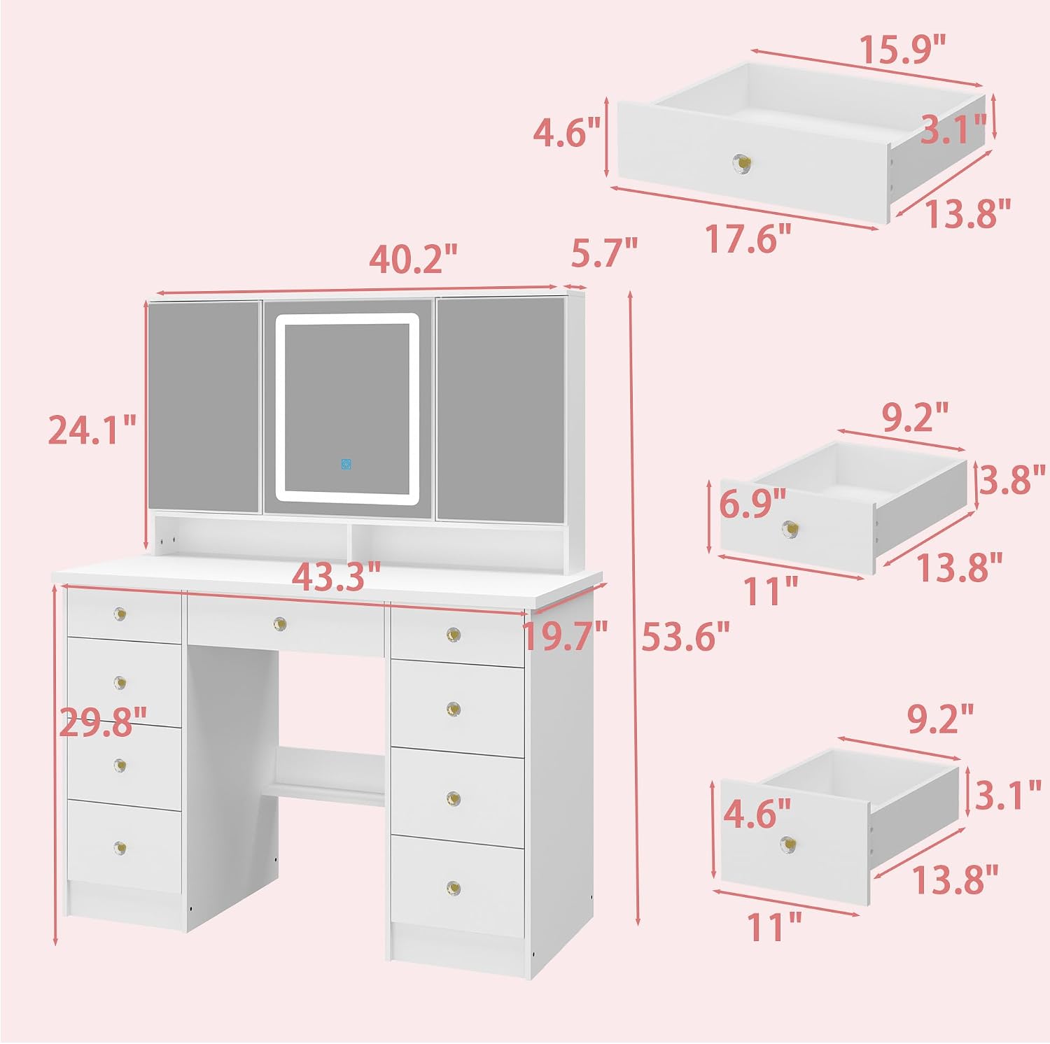 Timechee Vanity Mirror with Lights, Corner Vanity Desk with 9 Storage Drawers, 4 Large Shelves, 3 Color Lighting Options, Vanity Mirror Desk, Makeup Vanity Set for Bedroom, White