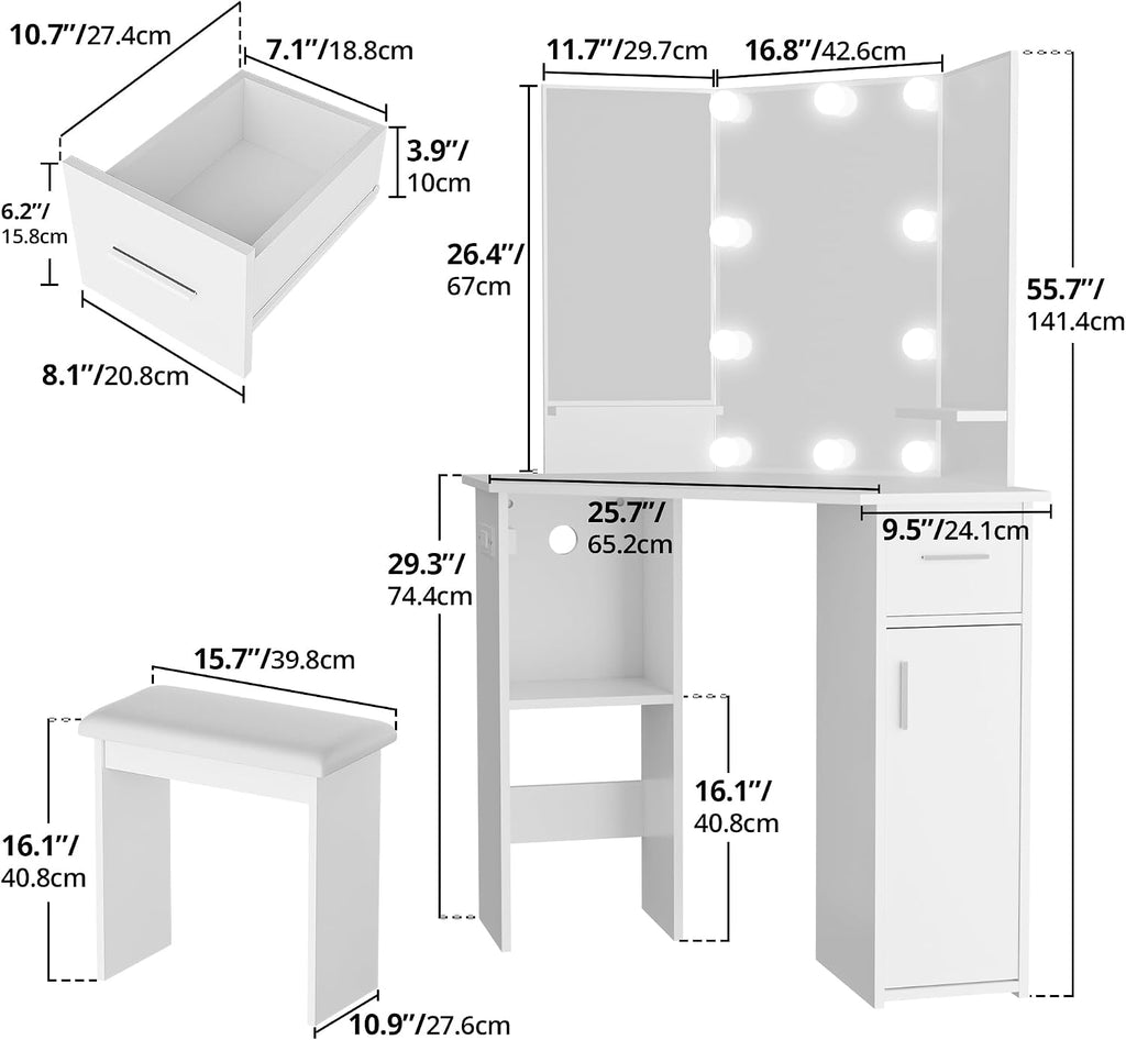 Small Corner Vanity Desk with Mirror and Lights, Bedroom Makeup Vanity Table with Lighted Mirror Sliding Drawers & Storage Cabinet, Charging Station 3 Color Adjustable Vanitys for Girls Women - White
