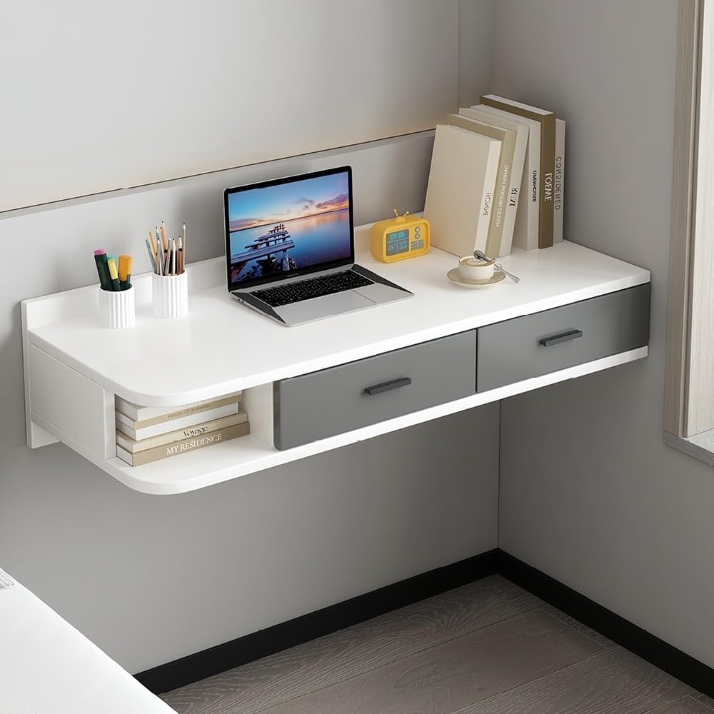 Floating Writing Desk with Storage Drawers Wall-Mounted Computer Table Hanging Corner Vanity Table Rounded Corners for Room Space Saver(White Left,100 cm)