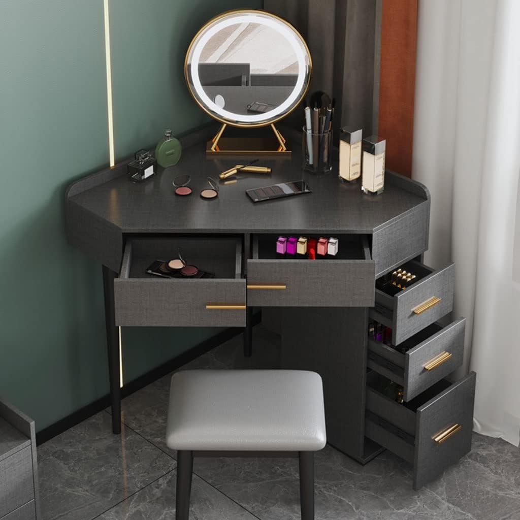 Vanity Benches Bedroom Dresser Assembled Corner Dresser Right Angle Integrated Vanity Table with Stool, LED Mirror, Multiple Drawers (Color : A)