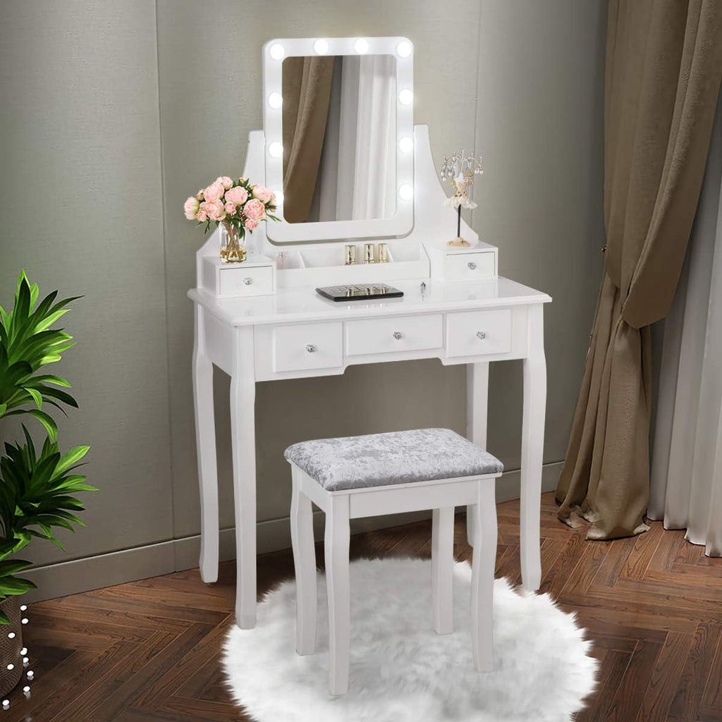 COSTWAY Vanity Desk Set with Lighted Mirror, 360° Swivel Vanity Mirror Desk with 10 LED Bulbs, Makeup Dressing Table with 5 Drawers, Vanity Table with Cushioned Stool for Bedroom, Women, Girls (White)