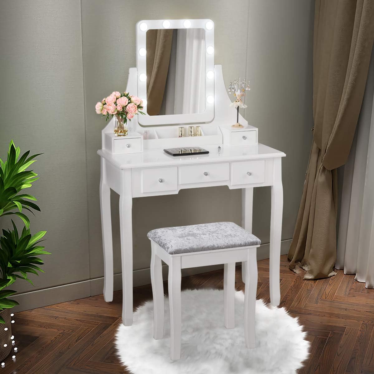 COSTWAY Vanity Desk Set with Lighted Mirror, 360° Swivel Vanity Mirror Desk with 10 LED Bulbs, Makeup Dressing Table with 5 Drawers, Vanity Table with Cushioned Stool for Bedroom, Women, Girls (White)