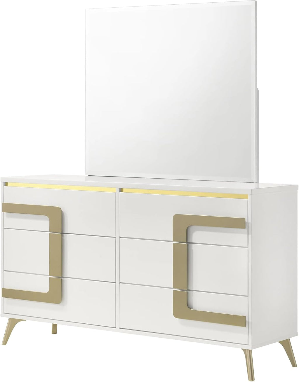 KB Designs - 4-Piece Bedroom Set, Dresser with Mirror, Chest and Nightstand, Modern White and Gold Furniture with LED Headboard and Contemporary Storage Features, Queen Size