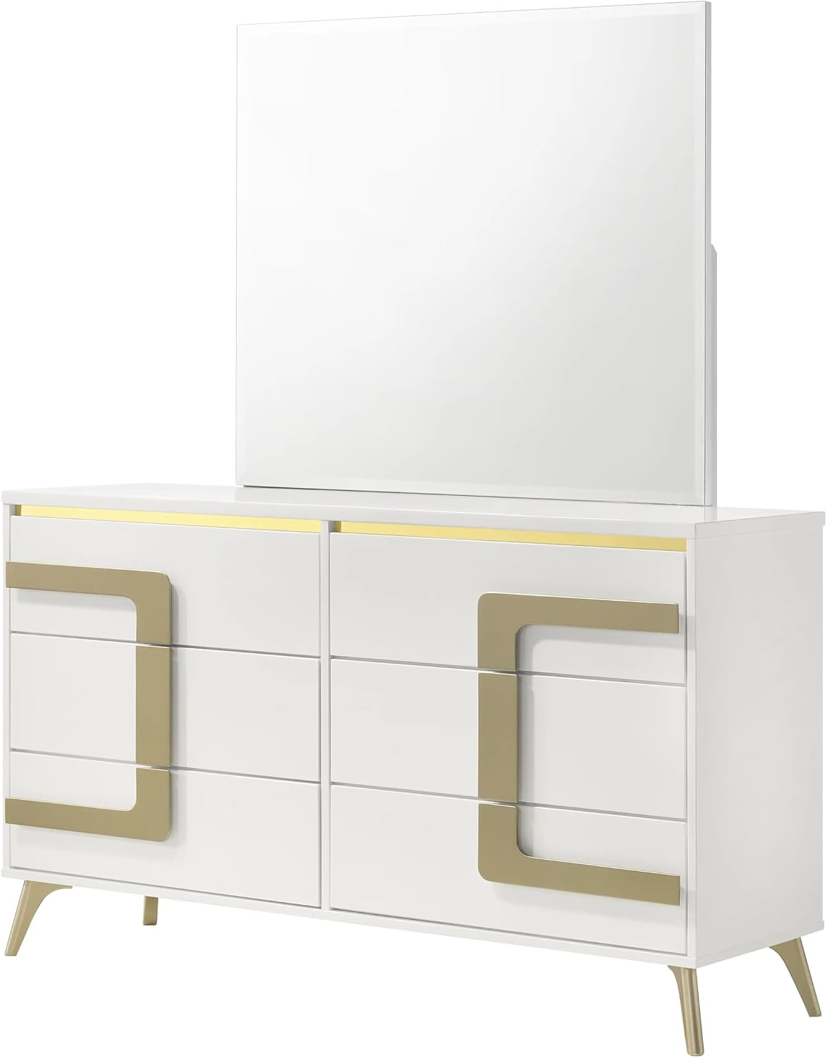 KB Designs - 4-Piece Bedroom Set, Dresser with Mirror, Chest and Nightstand, Modern White and Gold Furniture with LED Headboard and Contemporary Storage Features, King Size