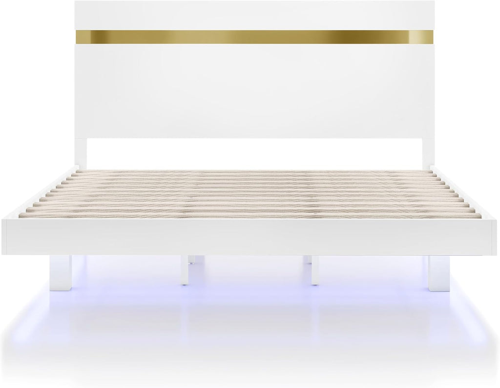 Furniture of America Ansten Modern Wood 6-Piece Platform Bedroom Set with Gold Trim, Underbed LED, Dust Proof Cases, Bracketed Metal Legs, No Box Spring Needed, Twin, White
