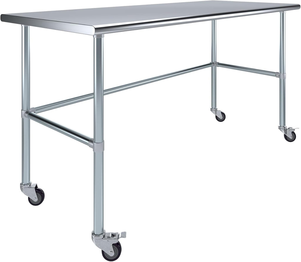 AmGood Stainless Steel Work Table Open Base & Wheels | Work Station | Metal Work Bench (Stainless Steel Work Table Open Base + Casters, 72' Long x 30' Deep)