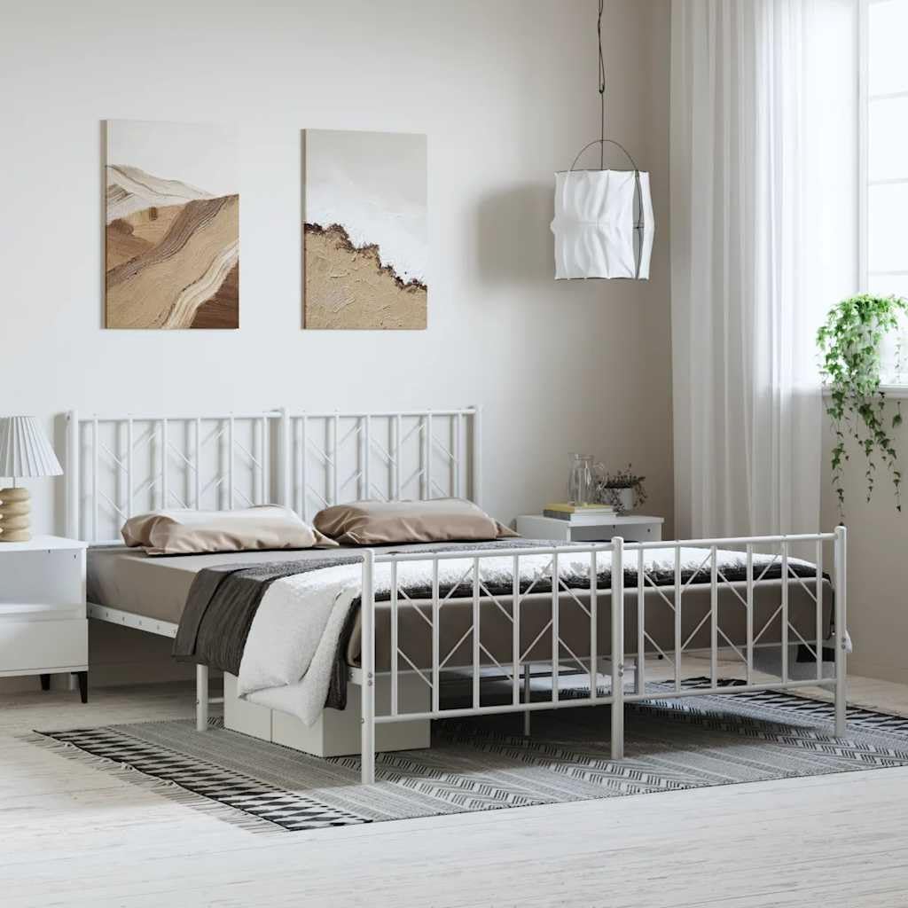Metal Bed Frame with Footboard White 76'x79.9' King Platform Bed Frame Steel Construction Underbed Storage Space for Bedroom Furniture
