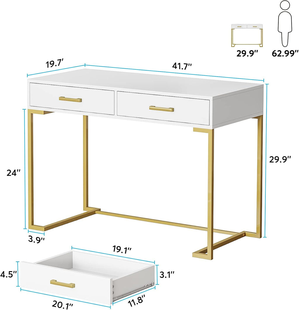 Tribesigns Vanity Desk with 2 Drawers, White and Gold Small Makeup Vanity, Modern Vanity Table Dressing Desk for Women Girls Gifts (Without Mirror)