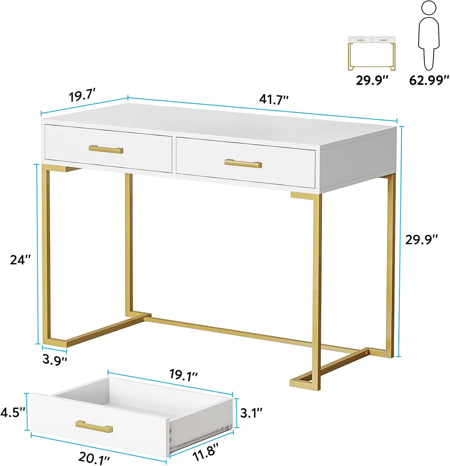 Tribesigns Vanity Desk with 2 Drawers, White and Gold Small Makeup Vanity, Modern Vanity Table Dressing Desk for Women Girls Gifts (Without Mirror)