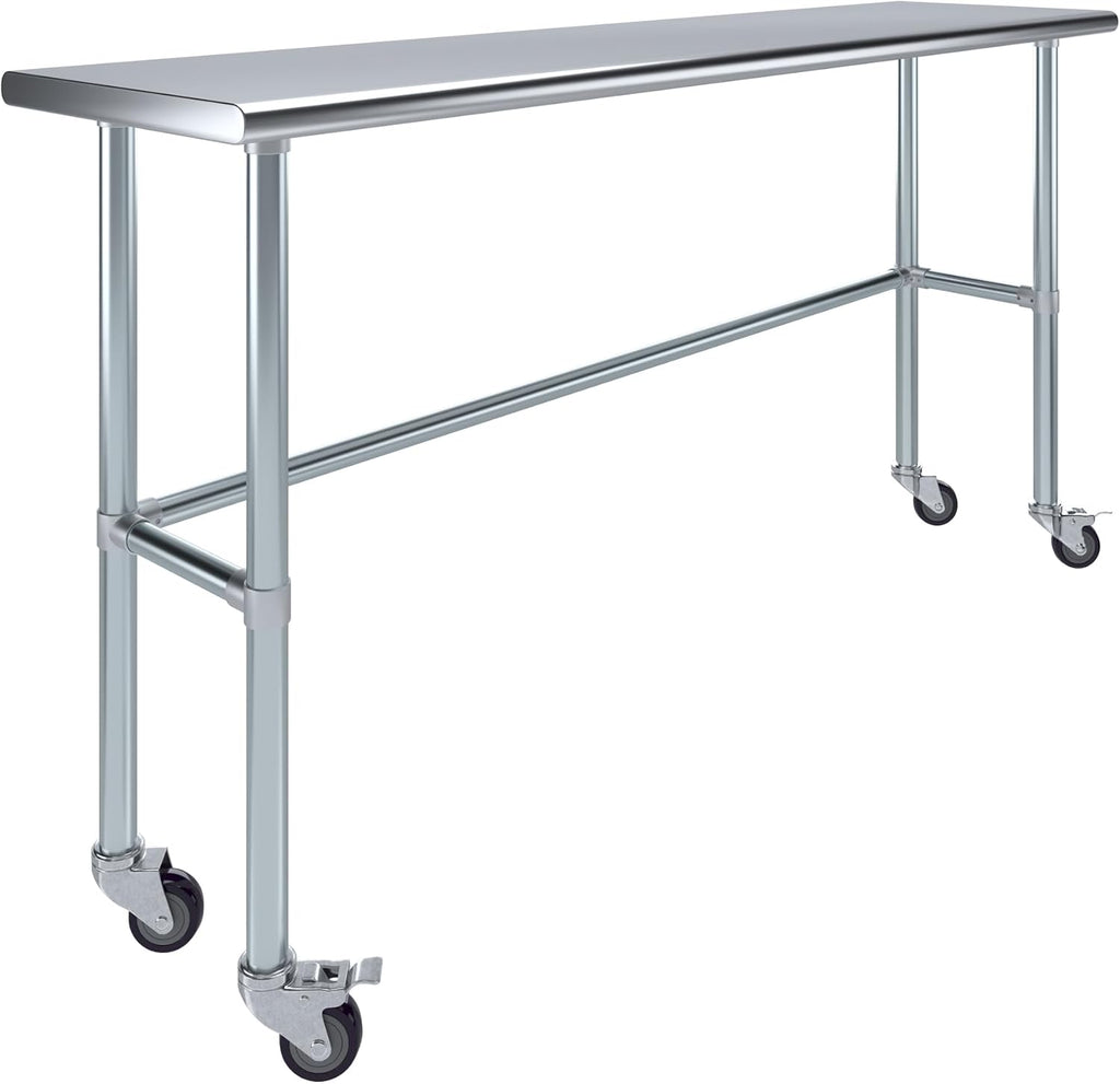 AmGood Stainless Steel Work Table Open Base & Wheels | Work Station | Metal Work Bench (Stainless Steel Work Table Open Base + Casters, 72' Long x 18' Deep)