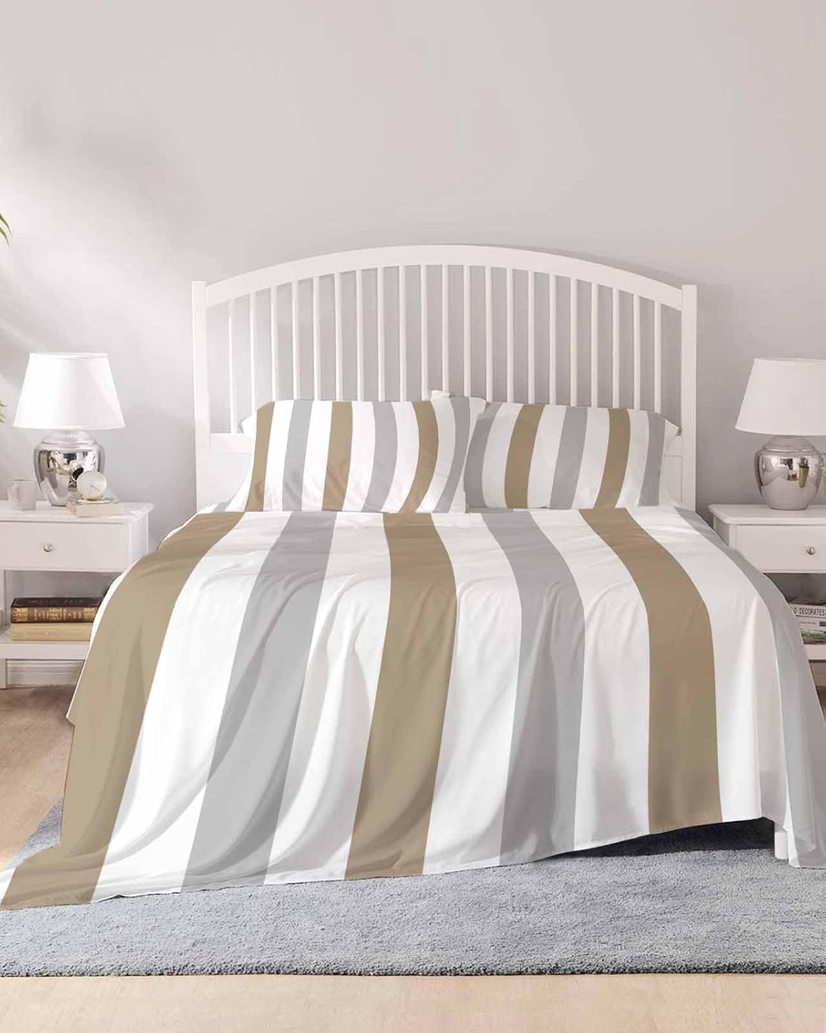 Brown Grey Striped King Sheet Set 4 Piece Bedding - Geometric Vertical Stripes White Breathable Comfy Cooling Bed Sheets & Pillowcase Sets,Hotel Luxury Flat Sheets Deep Pockets Fitted Sheet for Women