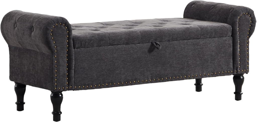 51' Storage Bench for Bedroom, Chenille End of Bed Bench, Queen Size Bench with Rolled Arms, Tufted Storage Ottoman Benches, Upholstered Bench for Bedroom, Living Room, Entryway, Dark Grey