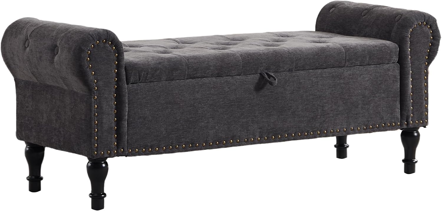 51' Storage Bench for Bedroom, Chenille End of Bed Bench, Queen Size Bench with Rolled Arms, Tufted Storage Ottoman Benches, Upholstered Bench for Bedroom, Living Room, Entryway, Dark Grey
