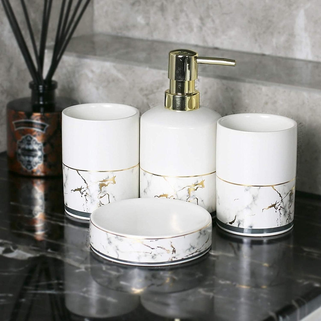 Vanity Bathroom Decor, Bathroom Accessory Set Marble Look Ceramics Bathroom Vanity Countertop Accessory Set Bathroom Décor Accessories Housewarming Gift(4-Piece Set)