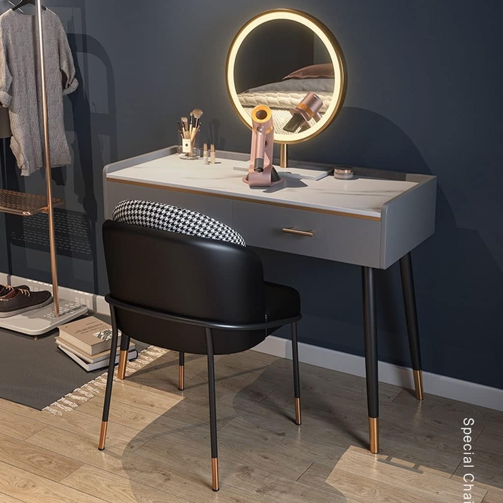 Vanity Benches Dresser Set Vanity Desk Storage Cabinet Cosmetic Storage Desk with LED Round Mirror, Stool, Two Drawers (Color : A)