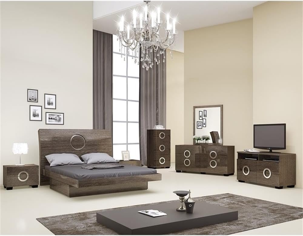 Pemberly Row Contemporary 4-Piece Queen Bedroom Set, Wenge Finish, Lacquer Wood, Includes Platform Bed with Tufted Headboard, Nightstand, Dresser, Mirror, Modern Design for Stylish Bedroom Decor
