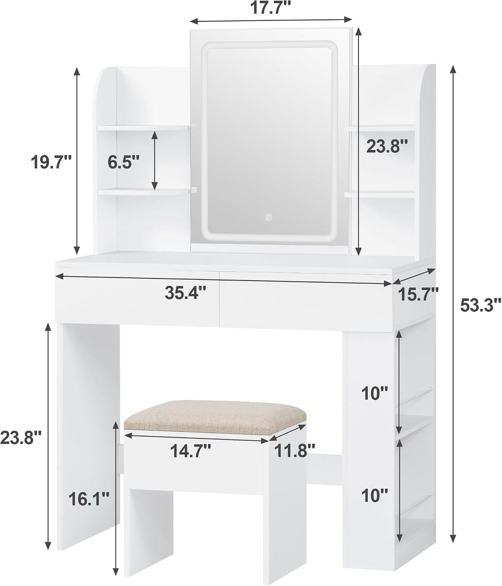 JUMMICO Makeup Vanity with Mirror and Lights, Vanity Desk with 3 Color Modes and Adjustable Light Brightness, Makeup Table with Storage Drawer, Open Shelves, and Side Storage (White, with Bench)