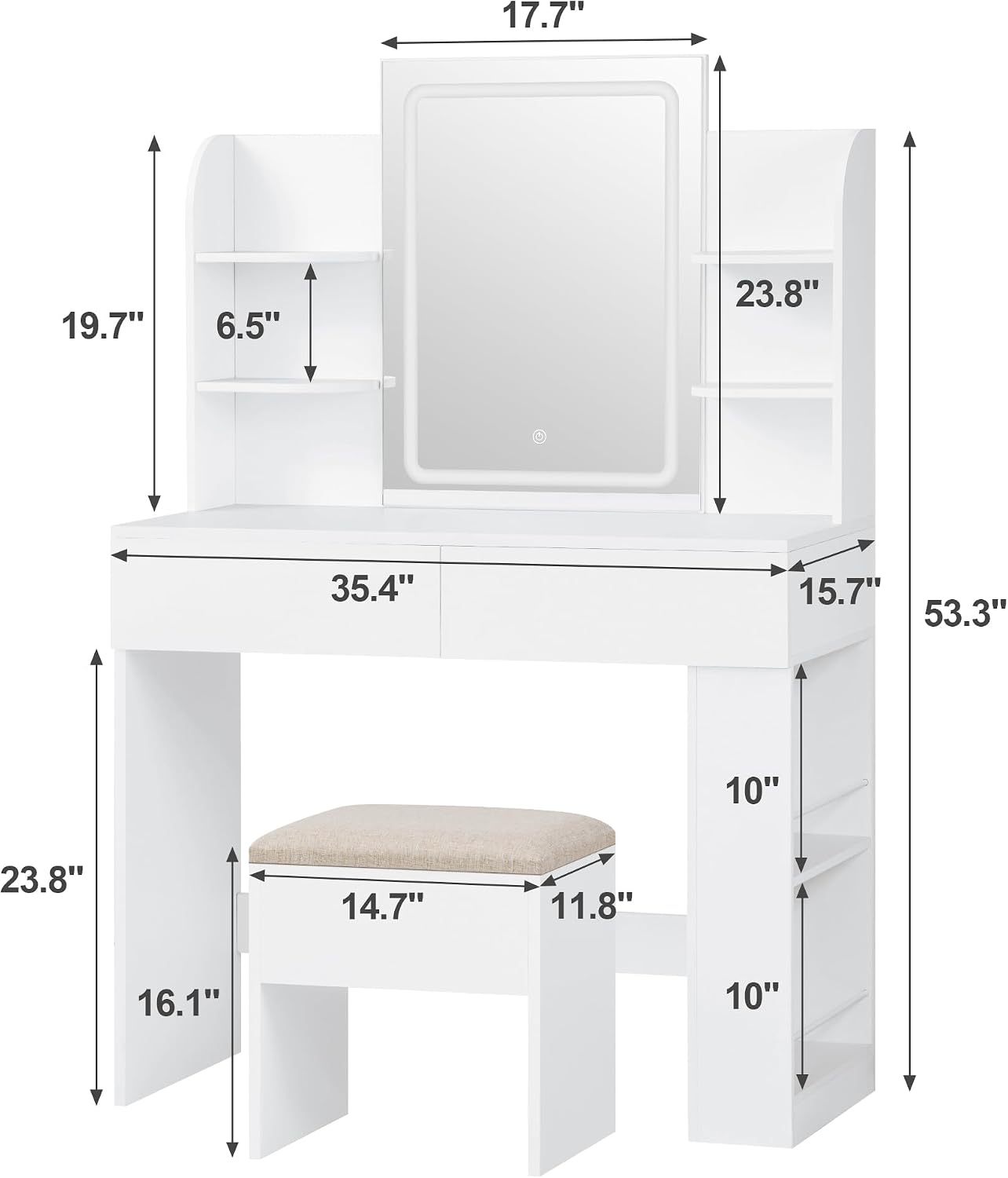 JUMMICO Makeup Vanity with Mirror and Lights, Vanity Desk with 3 Color Modes and Adjustable Light Brightness, Makeup Table with Storage Drawer, Open Shelves, and Side Storage (White, with Bench)