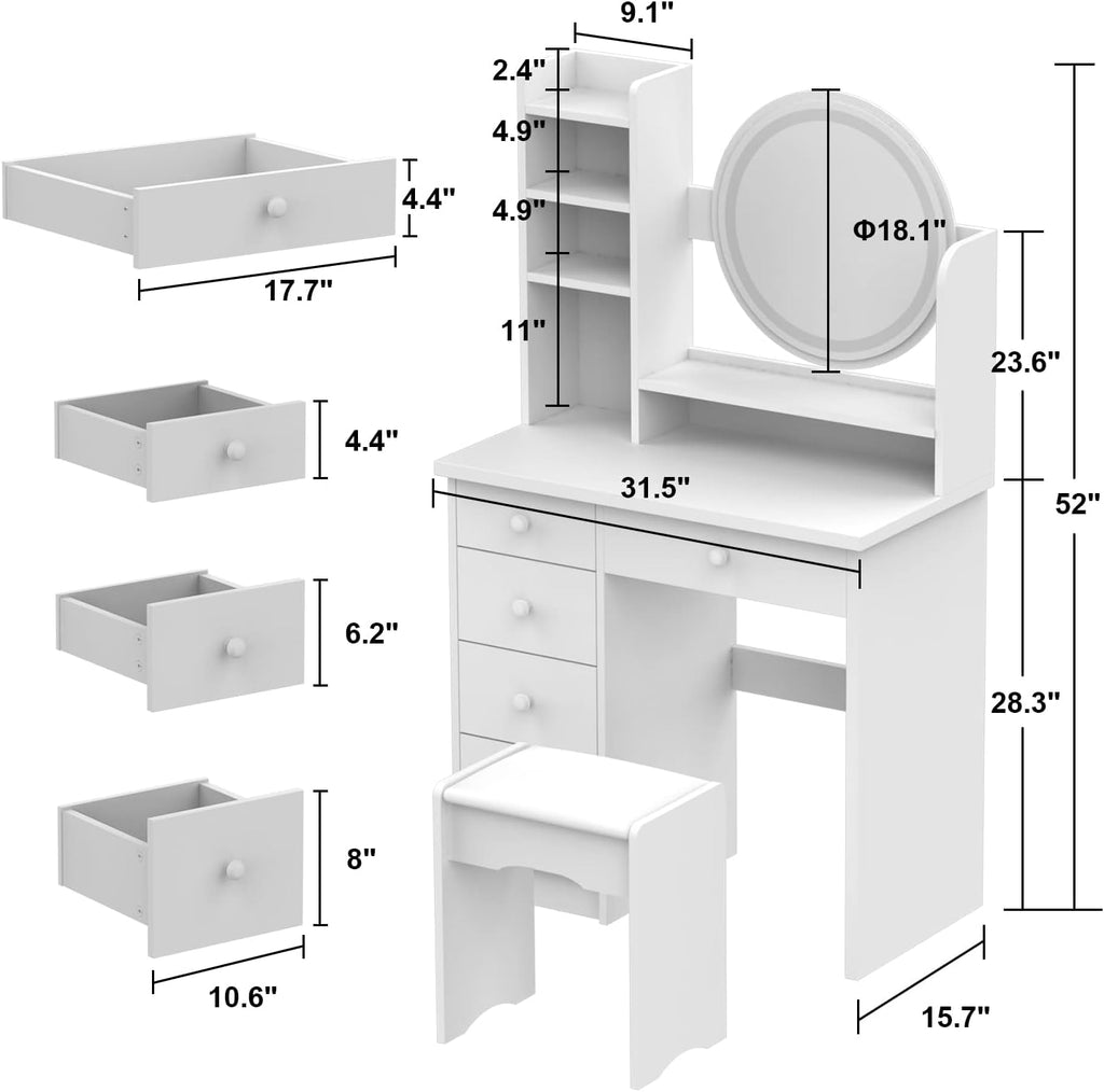 AGOTENI Makeup Vanity Set Dresser Desk with 5 Drawer and Shelf Round Mirror with Touch Screen and Light Vanity Set with Cushioned Stool for Bedroom, White