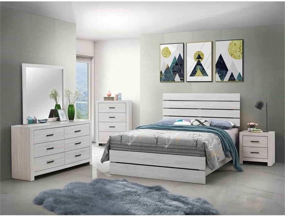 Pemberly Row 4-Piece Eastern King Panel Wood Bedroom Set, Coastal White Finish, Includes Bed, Nightstand, Dresser, Mirror, Rustic Plank Style, Brushed Nickel Hardware, Solid Bedroom Furniture