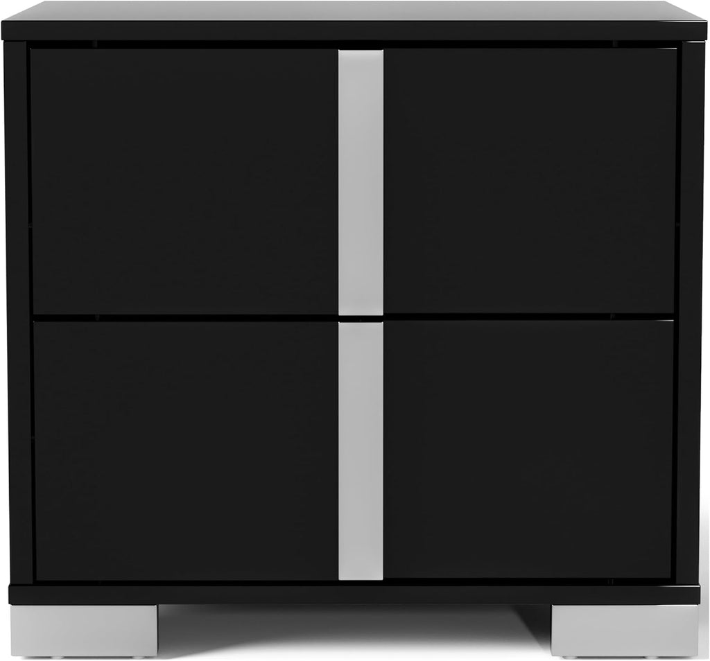 Furniture of America Alistair Modern Wood 2-Piece Bedroom Set with LED on Headboard Bed, Ball-Bearing Glides, Vertical Chrome Handles on Nightstand, Box Spring Required, King, Black