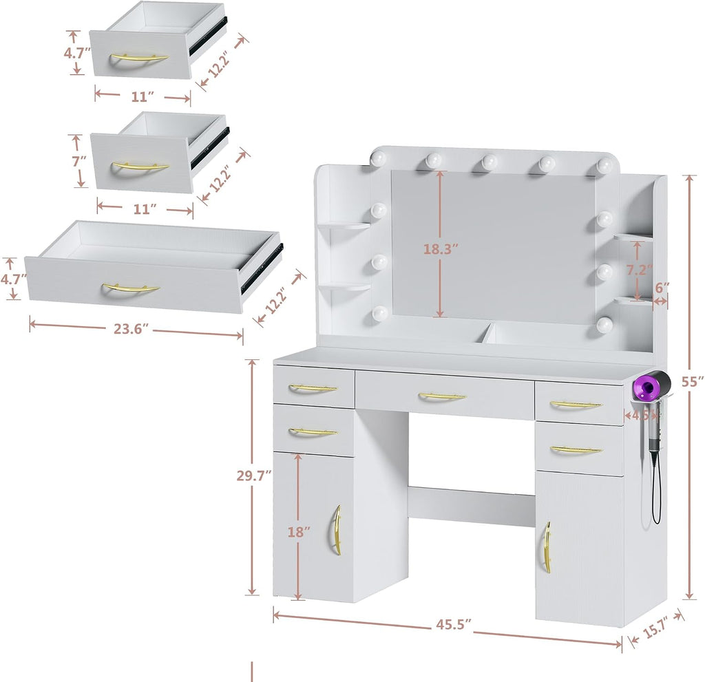 Large Vanity Desk with Mirror and Lights, 50' Wide Makeup Vanity Table, 3 Lighting Modes, Built-in Power Outlet, 5 Drawers & 2 Cabinets, Spacious 23.6' Legroom, Milky White