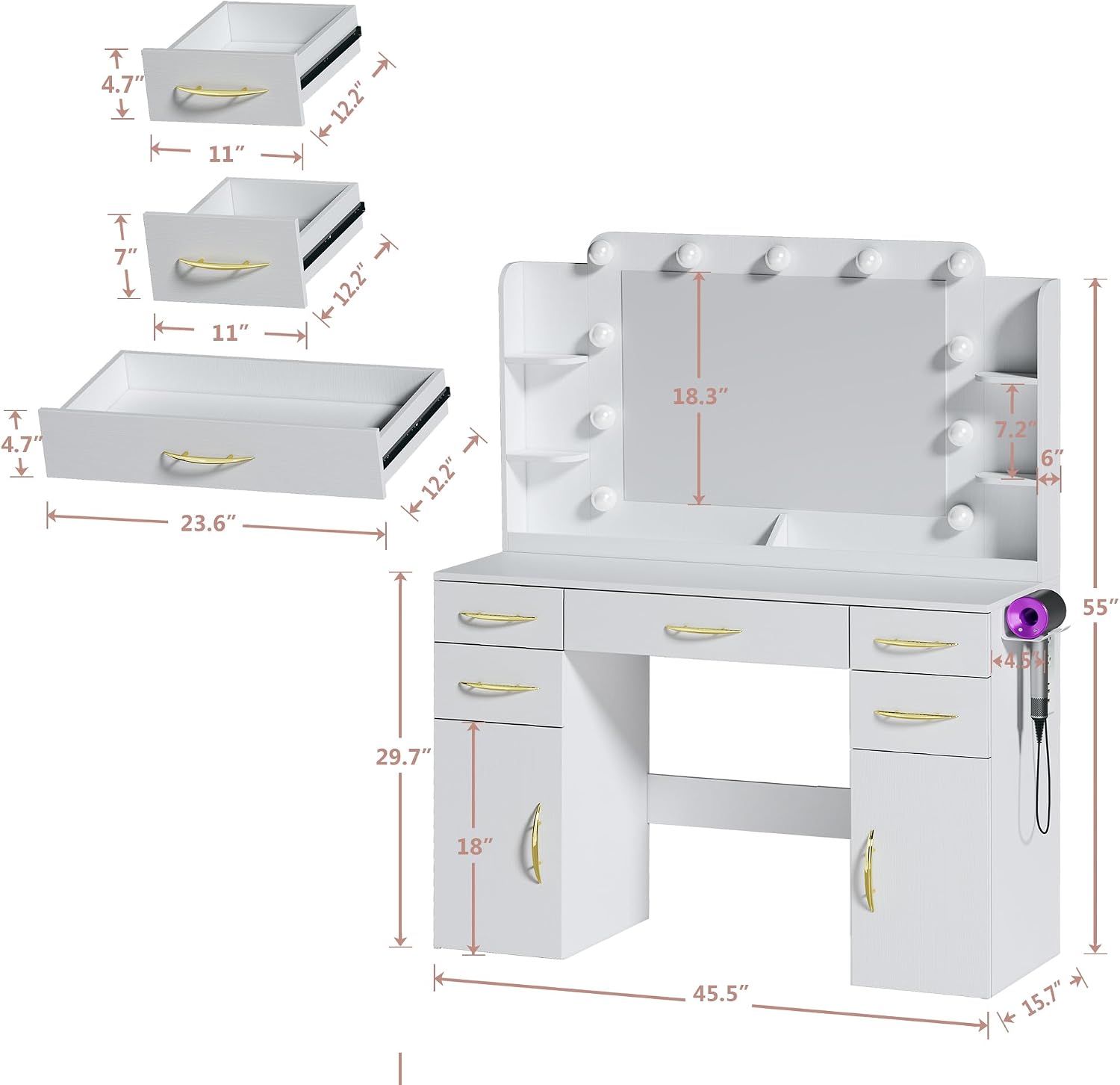 Large Vanity Desk with Mirror and Lights, 50' Wide Makeup Vanity Table, 3 Lighting Modes, Built-in Power Outlet, 5 Drawers & 2 Cabinets, Spacious 23.6' Legroom, Milky White