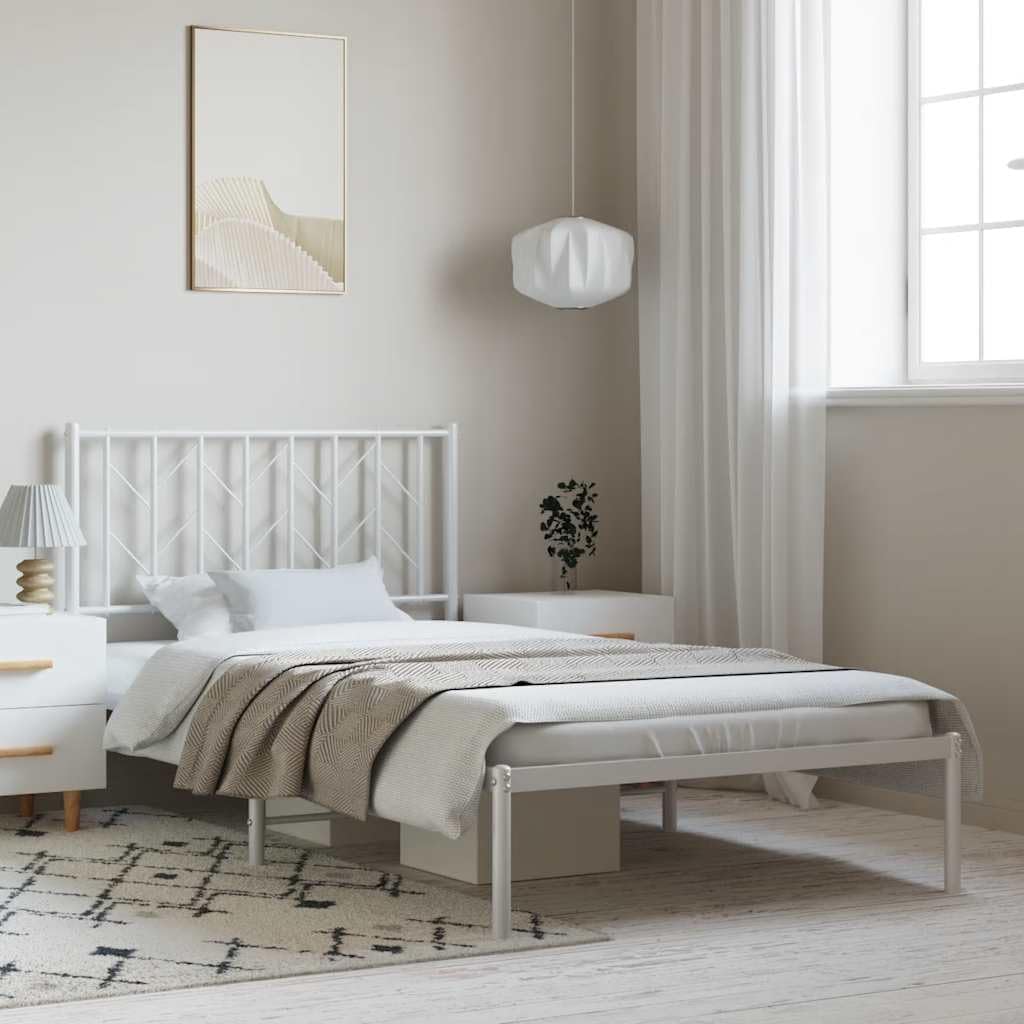 White Steel Single Bed Frame with Headboard, 41.3' x 81.5' Rectangular Metal Bed Frame for Adults, Durable and Elegant Modern Bedroom Furniture, Easy Assembly with Screwdriver
