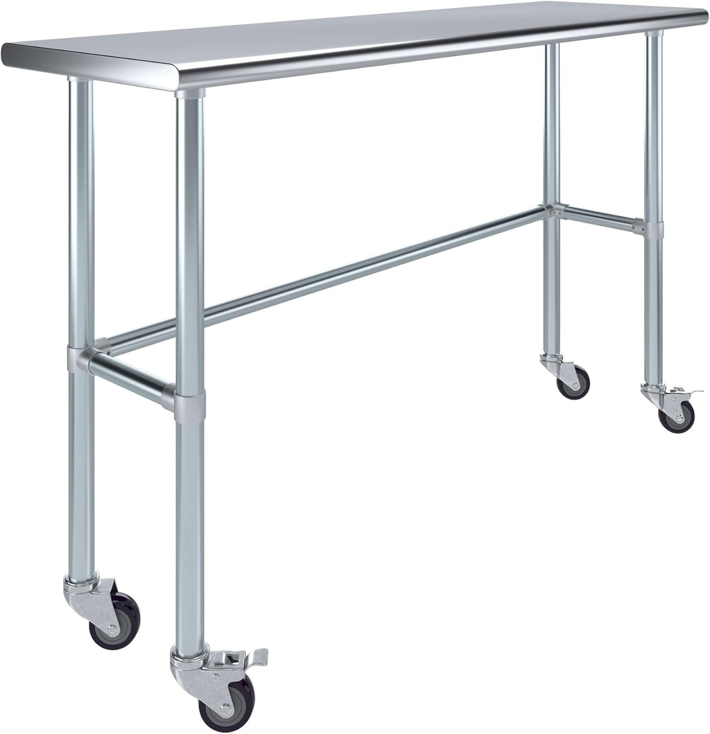 AmGood Stainless Steel Work Table Open Base & Wheels | Work Station | Metal Work Bench (Stainless Steel Work Table Open Base + Casters, 60' Long x 18' Deep)