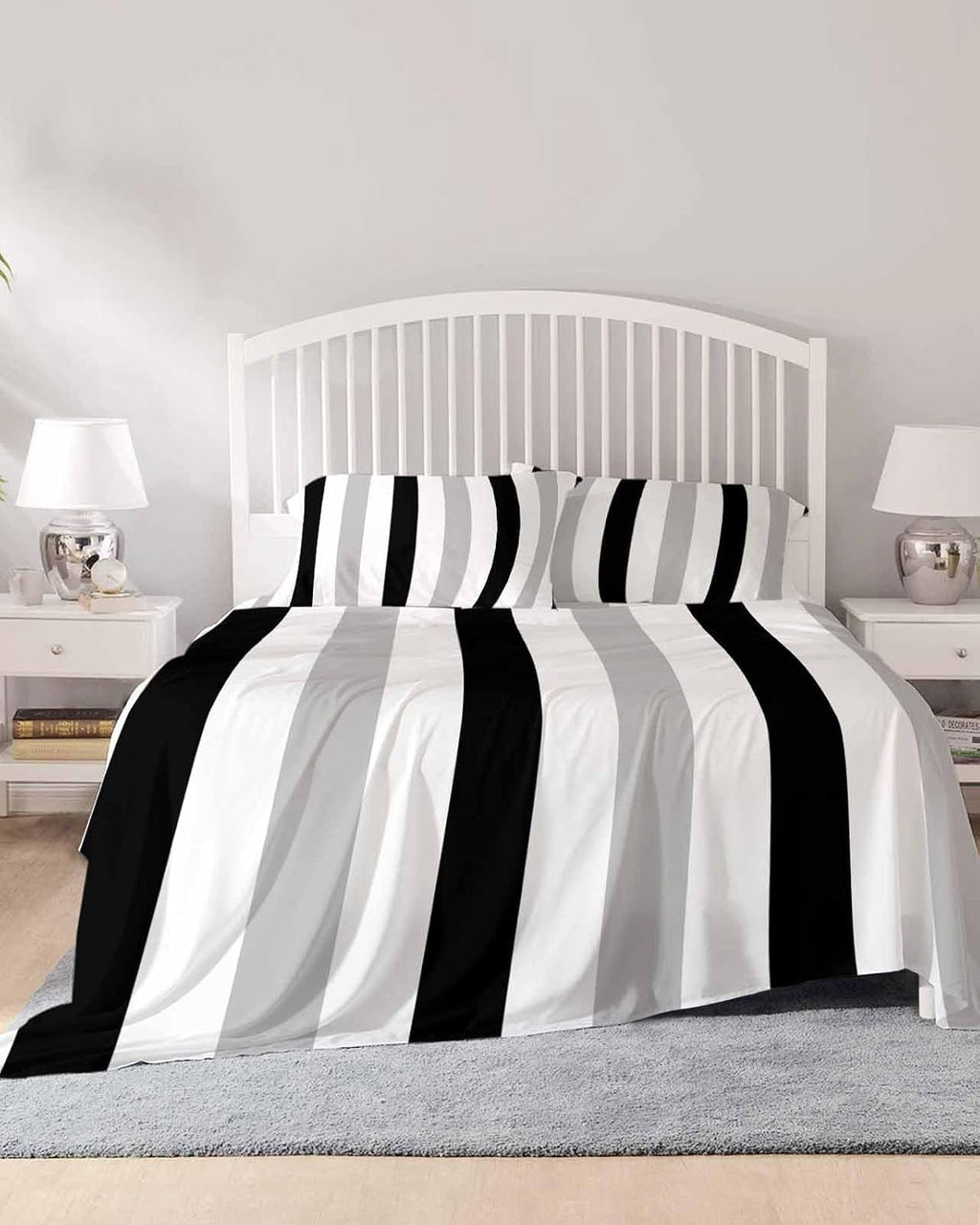 Black Grey Stripes King Sheet Set 4 Piece Bedding - White Striped Vertical Modern Geometric Breathable Comfy Cooling Bed Sheets & Pillowcase Sets,Hotel Luxury Flat Sheets Deep Pockets Fitted Sheet