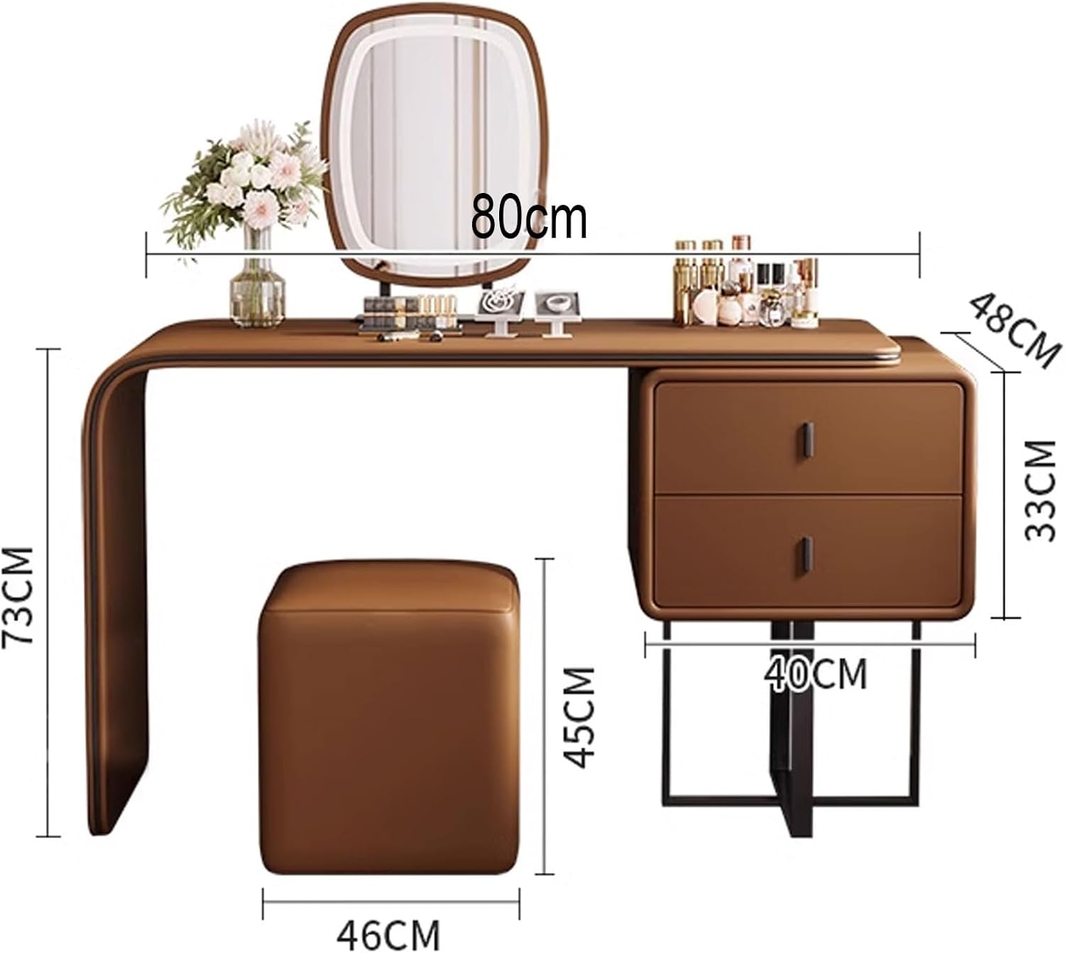 Makeup Table with Lighted Mirror and Chair Mirror 3 Colors Modes Dimming Rounded Corners Telescopic Adjustment Wood Vanity with Cushioned Stool(White)