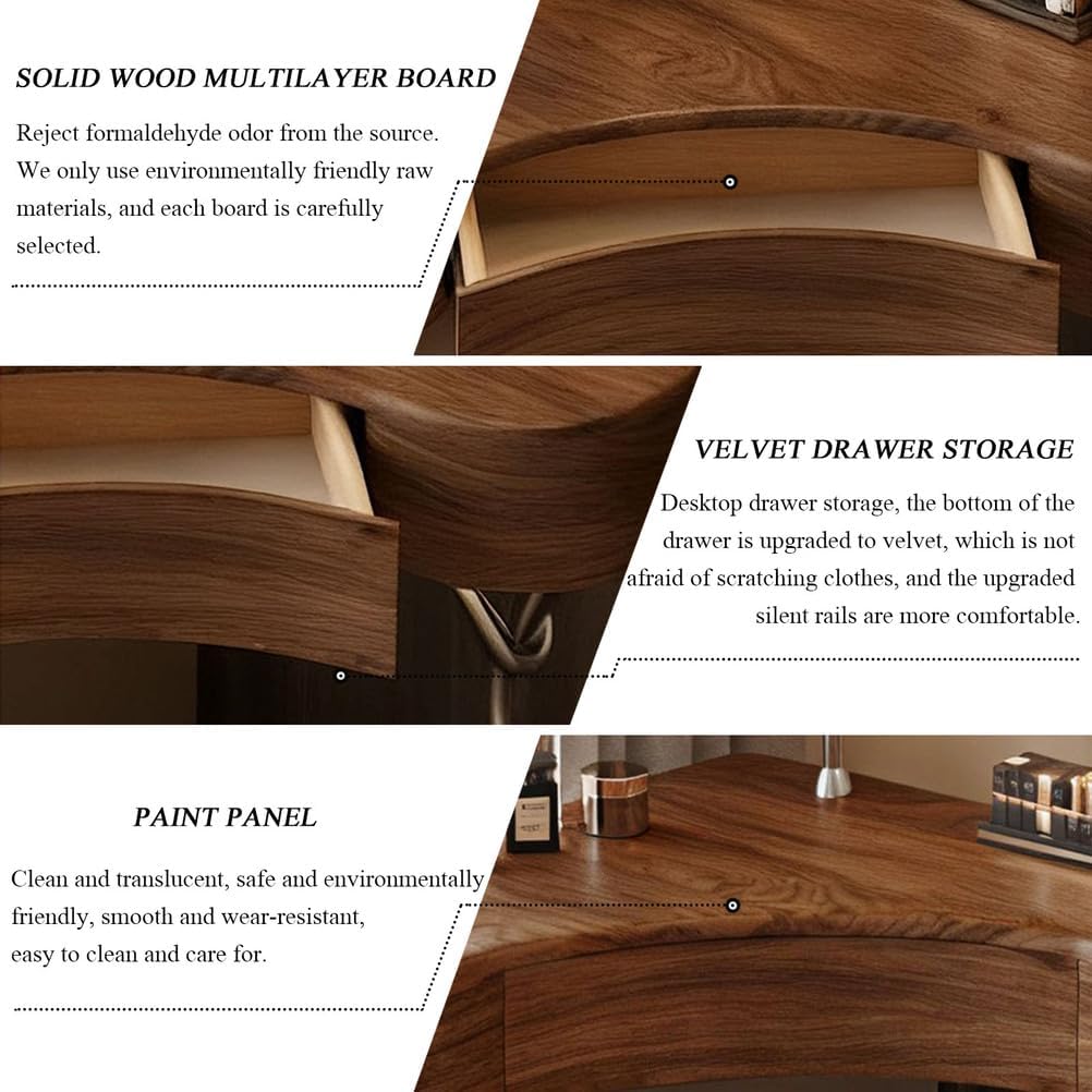 Corner Makeup Vanity Desk, Vanity Small Space with LED Mirror, 3 Drawers, Minimalist Design Wood Nightstand Vanity Suitable for Small Bedroom Spaces,Stool