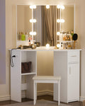 Small Corner Vanity Desk with Mirror and Lights, Bedroom Makeup Vanity Table with Lighted Mirror Sliding Drawers & Storage Cabinet, Charging Station 3 Color Adjustable Vanitys for Girls Women - White