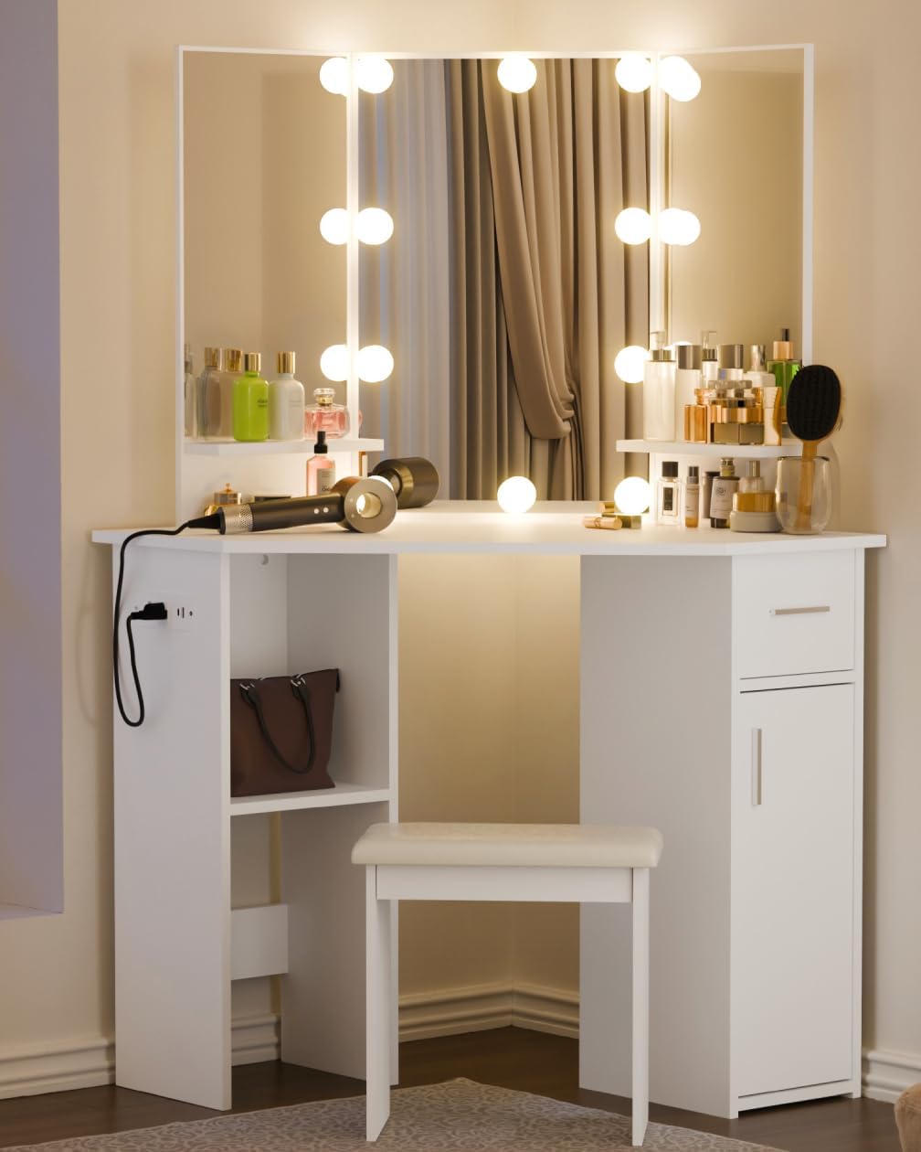 Small Corner Vanity Desk with Mirror and Lights, Bedroom Makeup Vanity Table with Lighted Mirror Sliding Drawers & Storage Cabinet, Charging Station 3 Color Adjustable Vanitys for Girls Women - White
