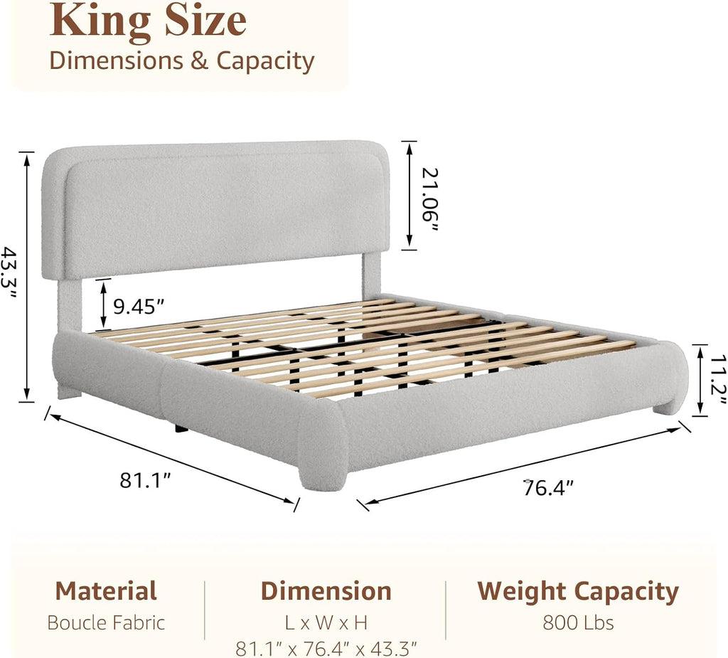 Kelway Upholstered Bed Frame King Size Modern Soft Boucle Bed Frame with Adjustable Heandboard, No Box Spring Needed, Easy Assembly, Light Grey