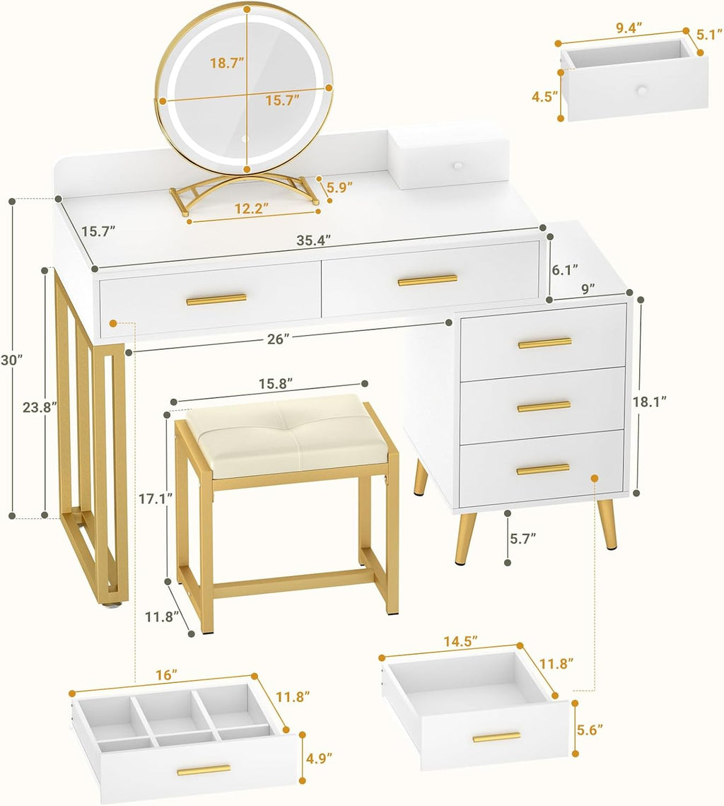 Armocity White Vanity Desk with Mirror and Lights, Modern Makeup Vanity Table Set with 6 Storage Drawers and Cushioned Stool for Bedroom, Dressing Table with Divided Organizers for Women Girls, White