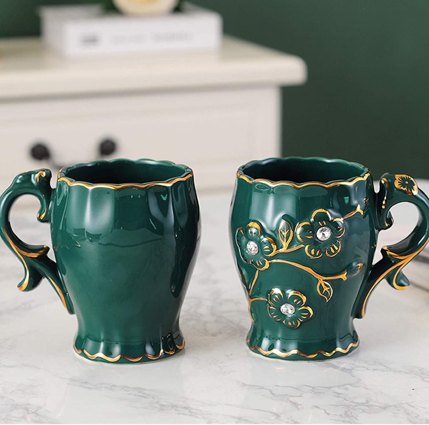 Vanity Bathroom Decor, Bathroom Accessory Set Dark Green Luxurious Embossed Pattern Ceramics Bath Set for Housewarming Gift Housewarming Gift(5-Piece Set)
