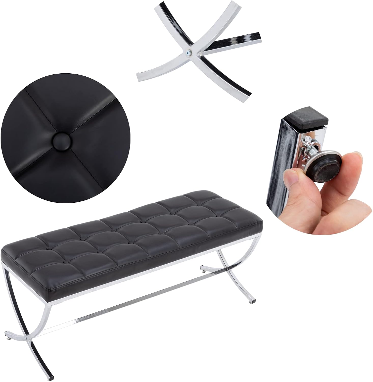 LukeAlon Modern PU Leather Dining Bench, Button Tufted Ottoman Bench with X-Shape Chrome Finish Upholstered End of Bed Bench Comfy Entryway Bench for Bedroom Kitchen, Black