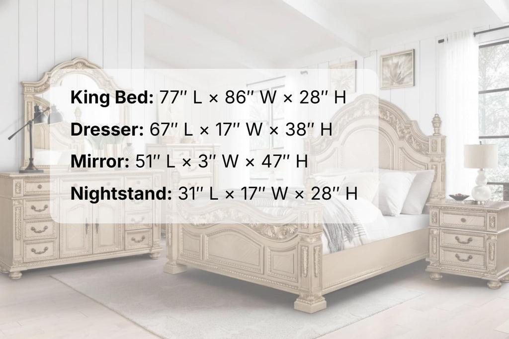 First of a Kind Carolina Gold Finish Traditional 4 Piece King Bedroom Set with Upholstered Tufted Headboard Ornate European Inspired Design Coordinated Furniture Collection