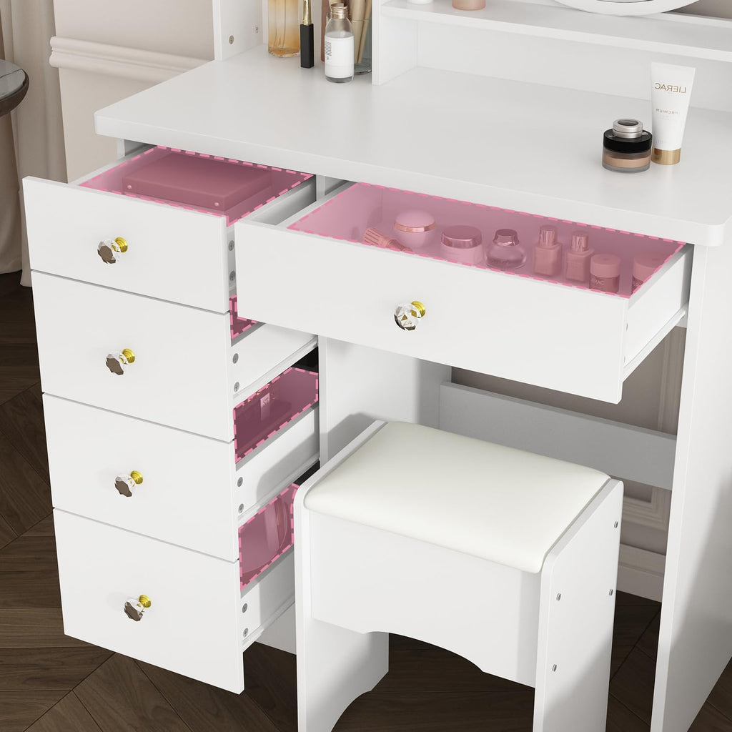 Vanity with Chair, Dressing Table with Lighted Round Mirror, 5 Drawers and Shelves, Makeup Vanity Set with Storage for Bedroom, Crystal Knobs, White, 15.7' D x 31.5' W x 53.1' H