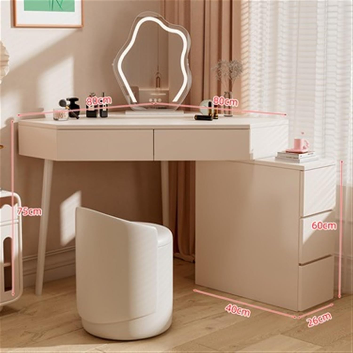 Makeup Vanity Desk Modern Vanity Desk, White Corner Table, Small Space Makeup with Mirror and 5 Drawers(Medium)