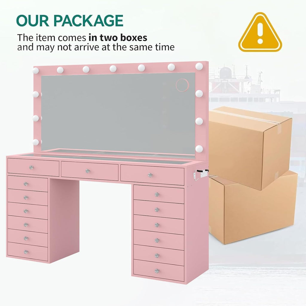 FUSOU 55' W Vanity Desk with Mirror and Lights, 15 Drawers Makeup Vanity with Charging Station, 3 Lighting Modes, Brightness Adjustable, Glass Top Makeup Vanity Desk with Chair for Bedroom, Pink