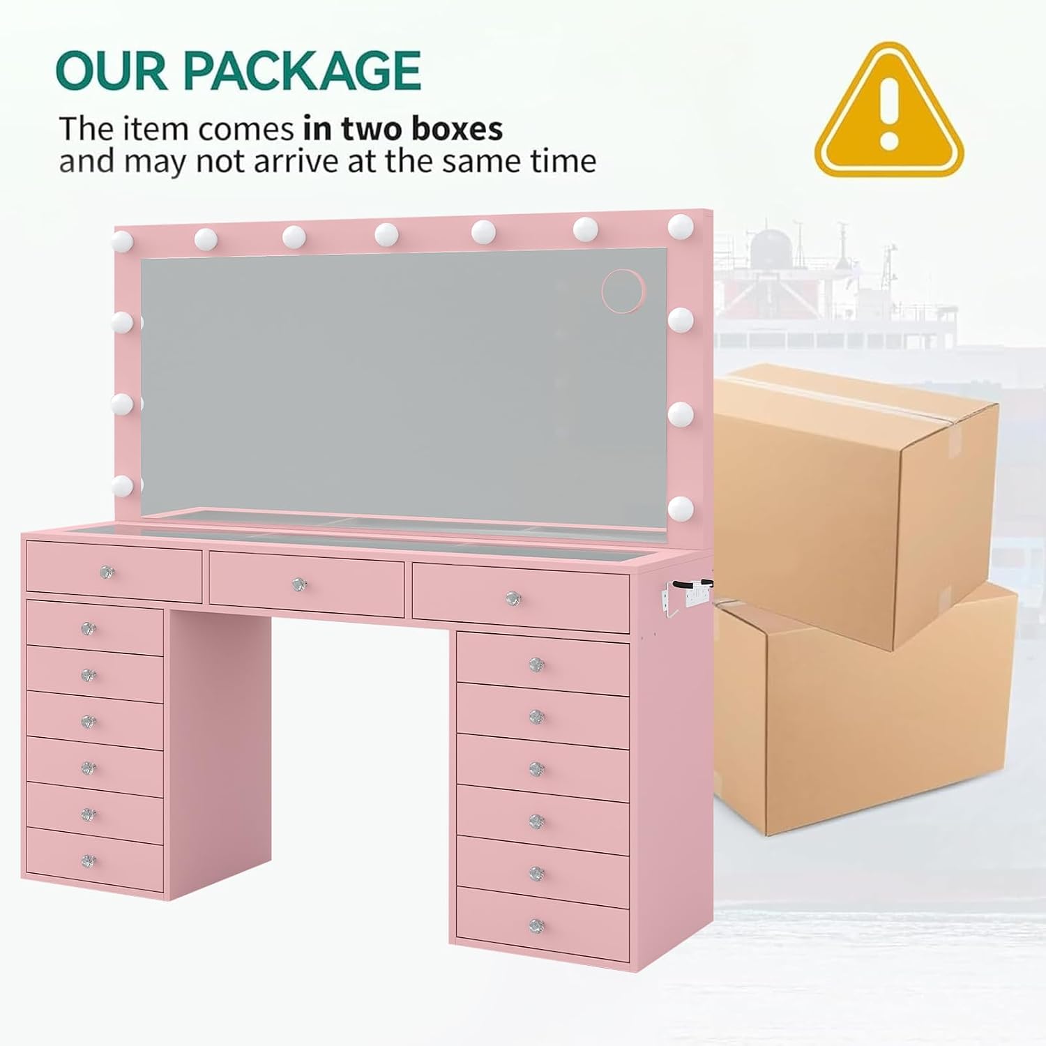 FUSOU 55' W Vanity Desk with Mirror and Lights, 15 Drawers Makeup Vanity with Charging Station, 3 Lighting Modes, Brightness Adjustable, Glass Top Makeup Vanity Desk with Chair for Bedroom, Pink