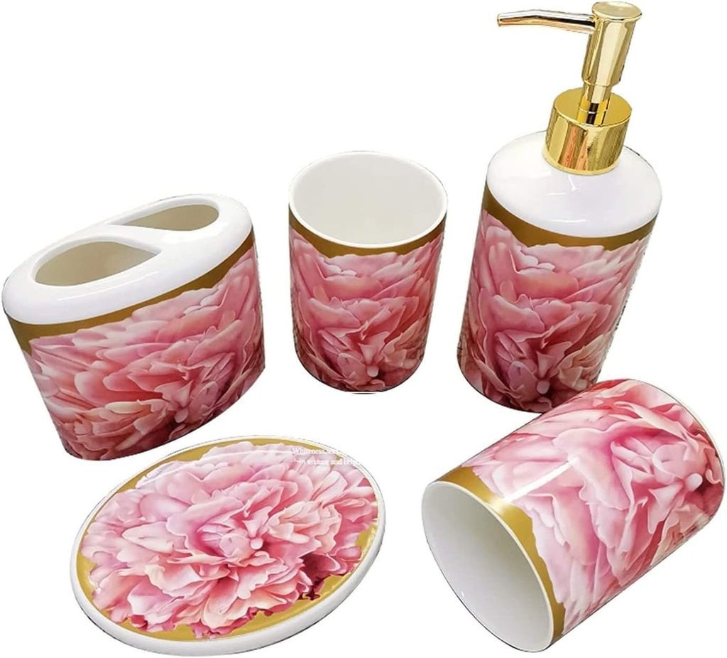 Vanity Bathroom Decor, European Style 4-Piece Ceramic Bathroom Accessory Set with Pink Creative Bath Set Ornament for Wedding Gift Housewarming Gift