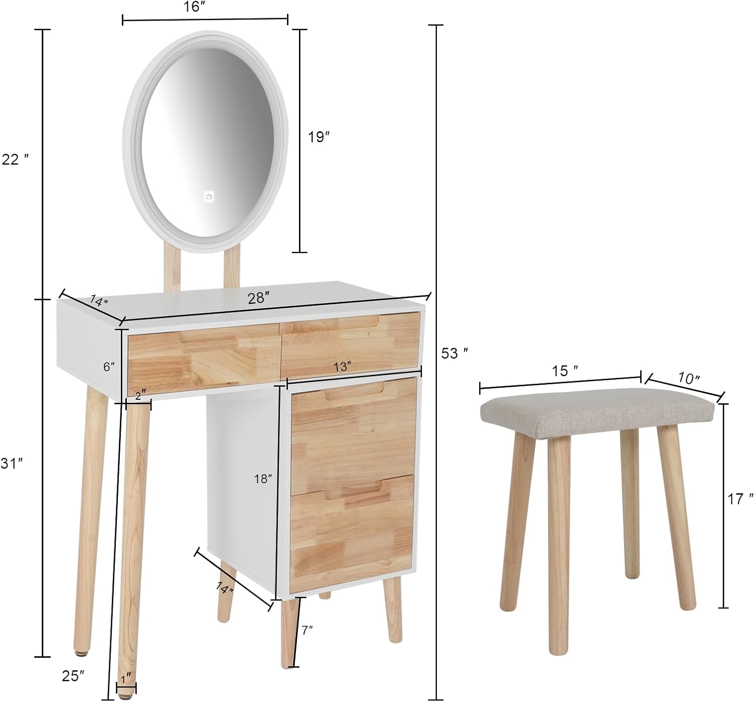 YOURLITE Makeup Vanity Desk with Lighted Mirror, 3 Color Modes & Dimmable LED Lights, Small Dressing Table with 4 Drawers and Storage, Ideal for Bedroom, Bathroom