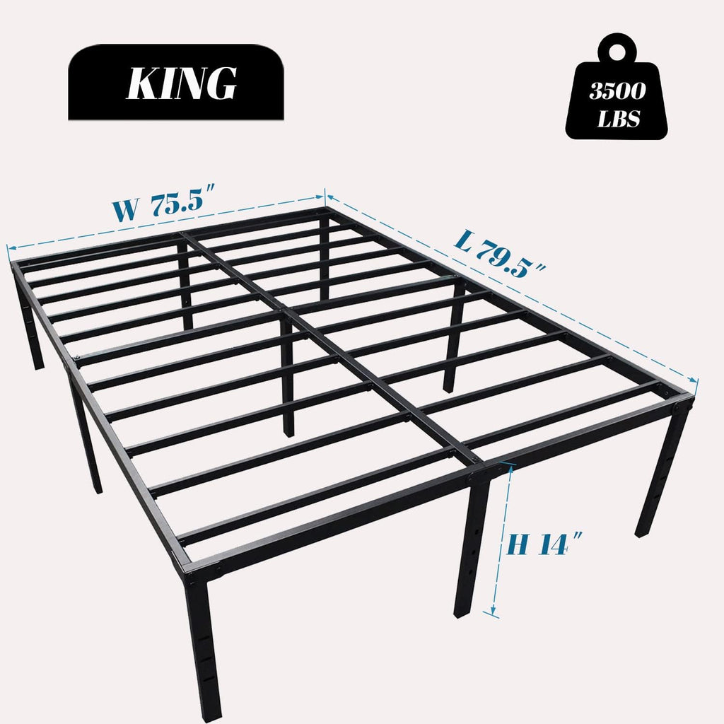 King Size Metal Bed Frame 14 'high Heavy Duty Platform Bed Can Support 3500lbs No Box Spring Needed with Under Bed Storage Space Easy Assembly Non-Slip and Noiseless Black