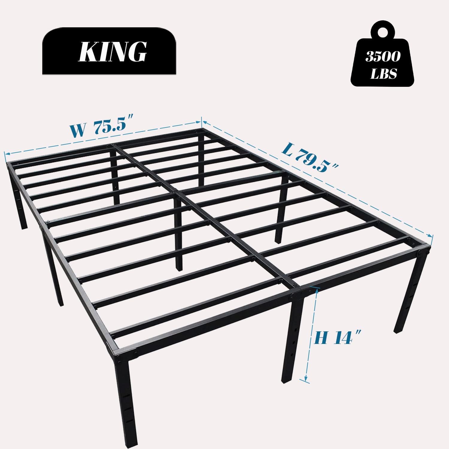 King Size Metal Bed Frame 14 'high Heavy Duty Platform Bed Can Support 3500lbs No Box Spring Needed with Under Bed Storage Space Easy Assembly Non-Slip and Noiseless Black